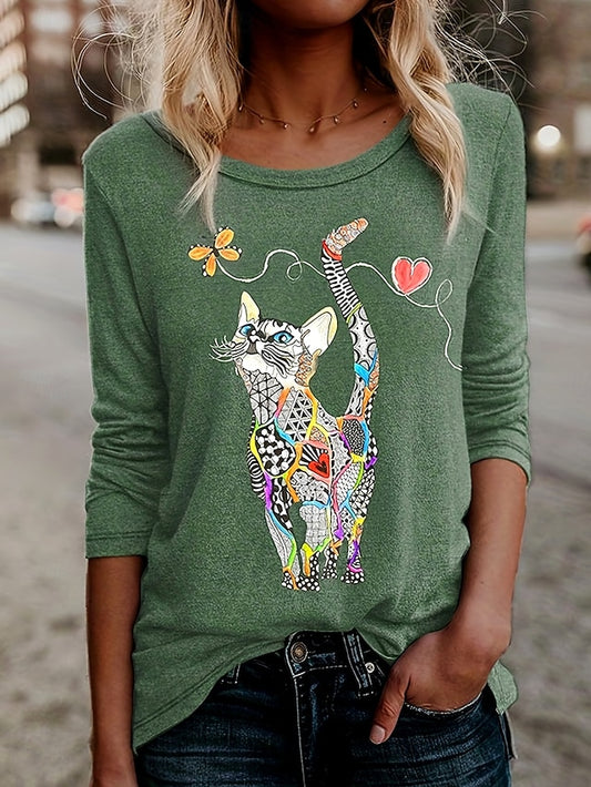 Women's T shirt Long Sleeve Floral Graphic Cat Vintage