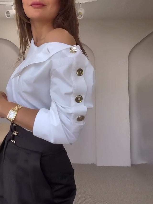 Women's Blouse Dressy Tops Ruched Buttons Draped Solid