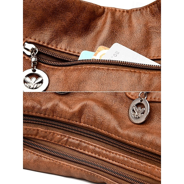 Brown Leather Women's Bag Multiple Faux Pockets with Hobo