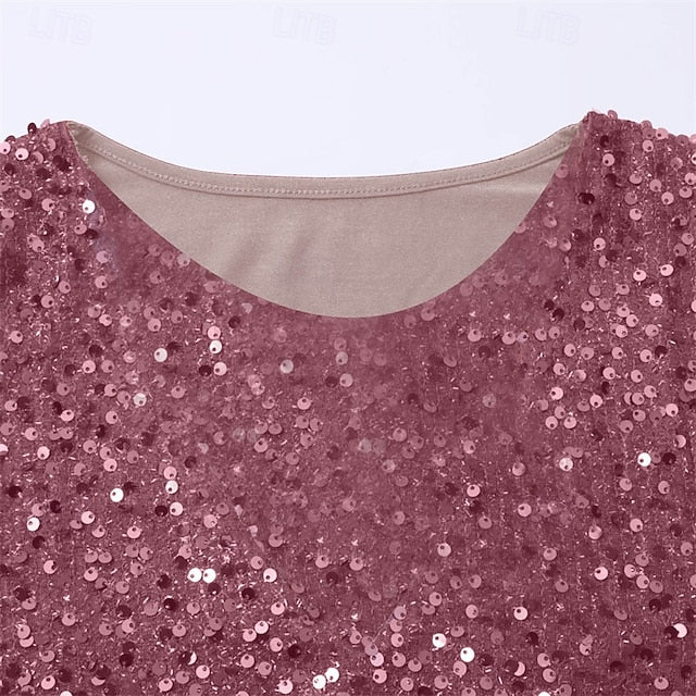 Women's T Shirt Tee Top Sequins Patchwork Solid Color