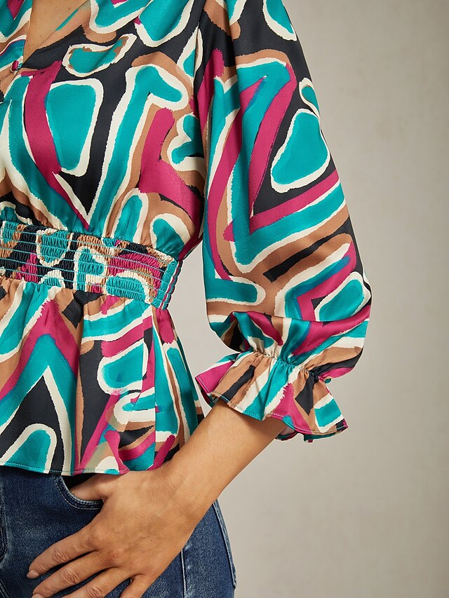 Colorful Abstract Print Satin Top with Cinched Waist