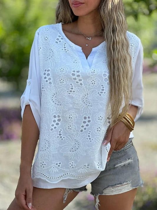 Women's Shirt Blouse Dressy Tops Embroidered Eyelet Solid