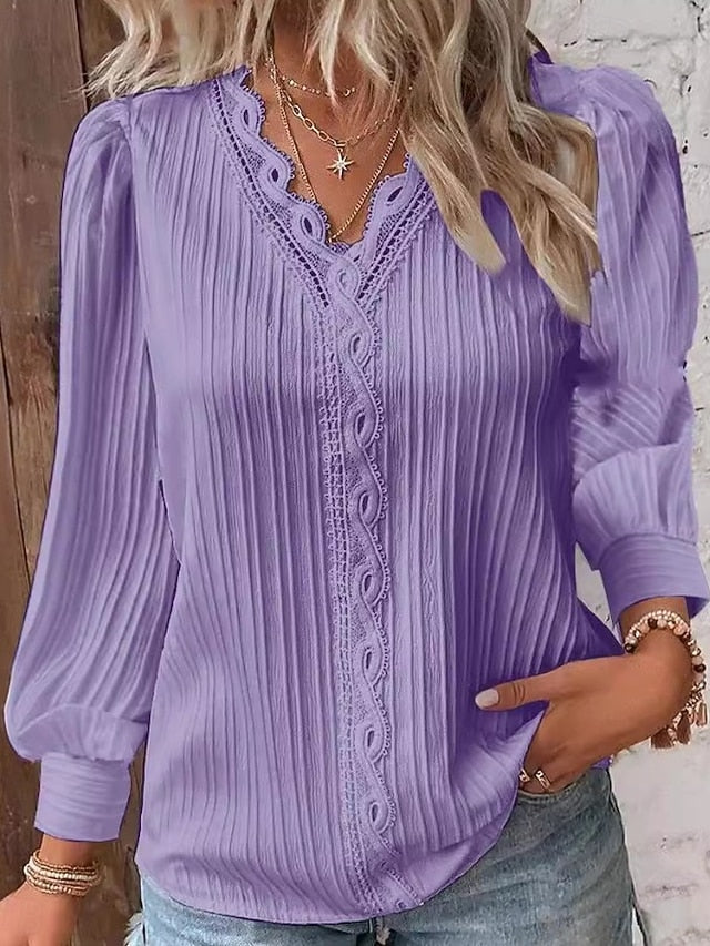 Women's Lace Shirt Blouse Lace Patchwork Solid Color