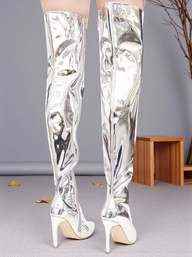 Women's Toe Black Over-the-Knee Leather Pointed Patent