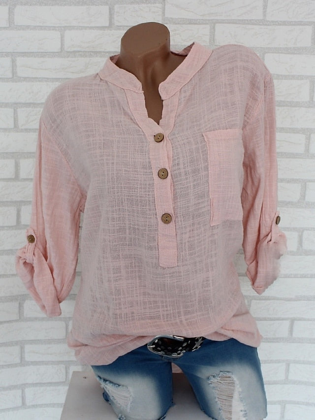 Women's Shirt Cotton Linen Shirts Blouse Buttons Solid