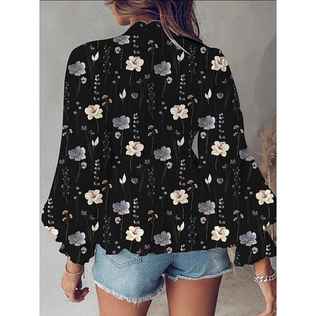 Women's Blouse Lace up Lace Floral Stylish Casual Long