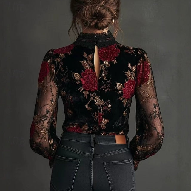 Women's Velvet Floral Lace V-Neck Blouse Long Sleeve Bell