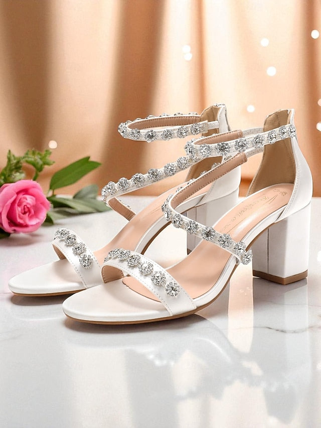 Rhinestone Open Sandals Heel White Elegant Block Women's -