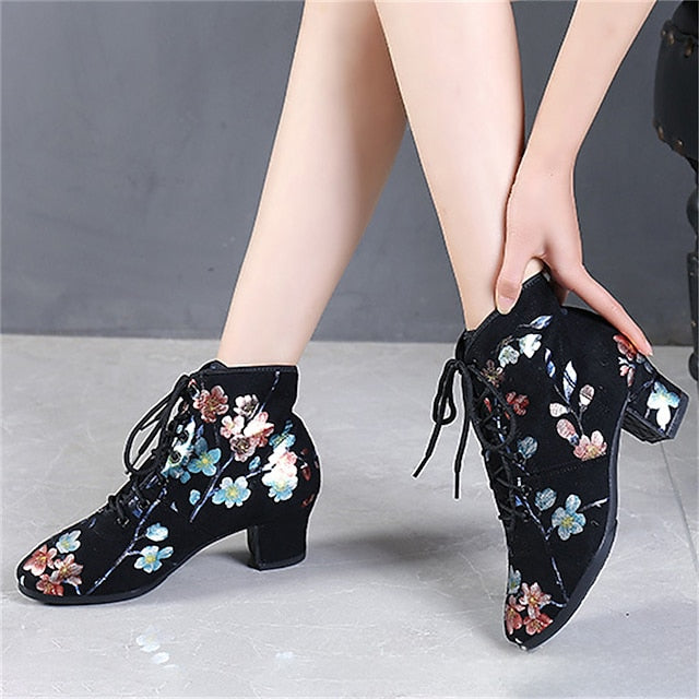 Black Low Floral Lace-up Comfortable Women Dance Shoes for –