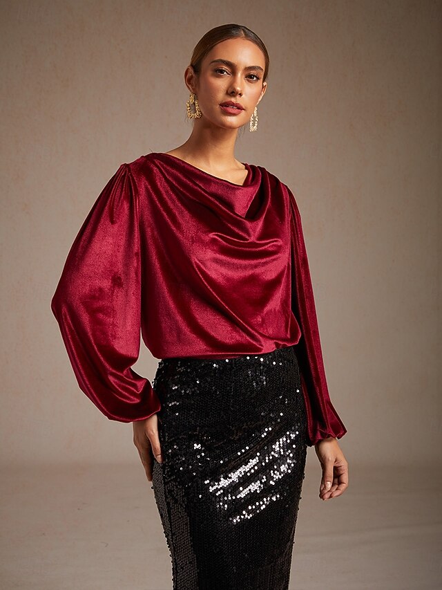 Women's Shirt Velvet Blouse Dressy Tops Elegant Cowl Neck