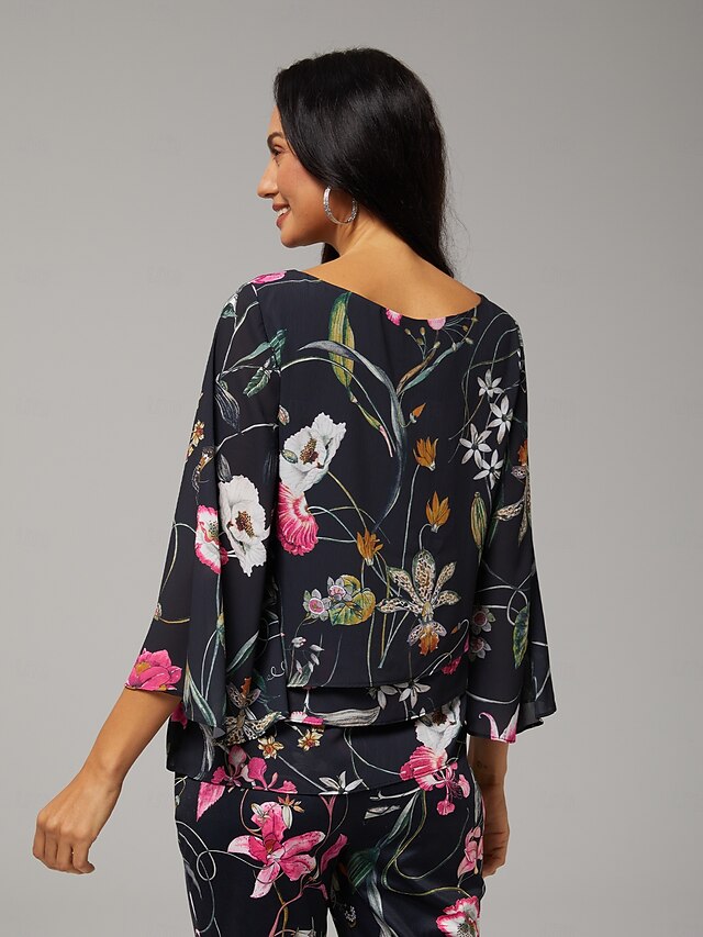 Women's Blouse Black Floral 3/4 Sleeve Loose Round Neck