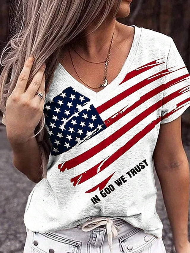 Independence Day Patriotic Women's T Shirt Casual Flag Red