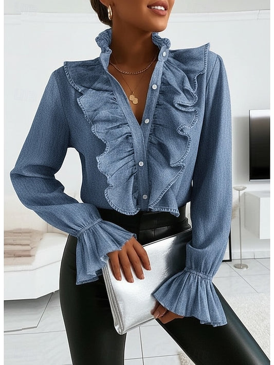 Shirt Blouse Women's White Pink Blue Plain Ruffle Button