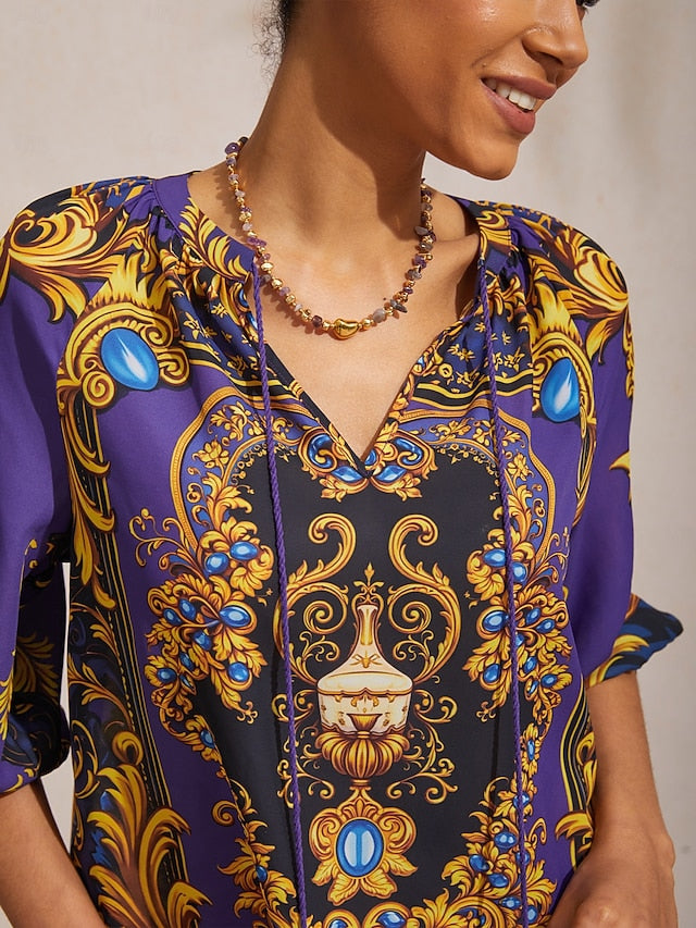 Midnight Blue Baroque Chiffon 3/4 Sleeves Top