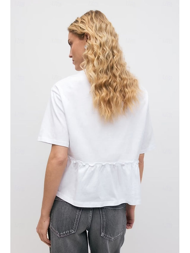 Women's Cotton Shirt Pleats Classic Casual Short Sleeve