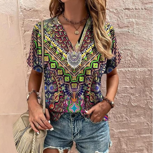 T shirt Tee Women's Black+white+grey Yellow Red Geometic