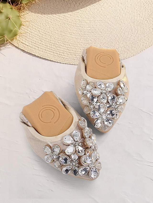 Women's Flats Foldable Silver with Rhinestone