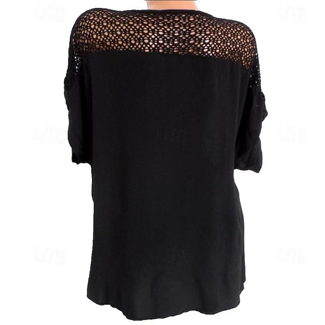 Women's White Bohemian Blouse Lace V-Neck Openwork