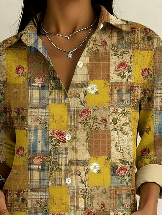 Women's Shirt Patchwork Buttons Print Floral Plaid Elegant