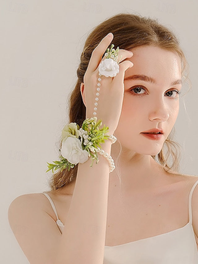 White – Elegant Wrist with Hand Set Floral Pearls Jewelry and