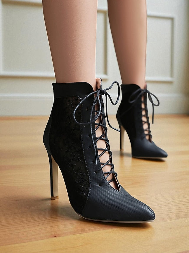 Heels Women's Stiletto Booties Mesh with White Lace Ankle