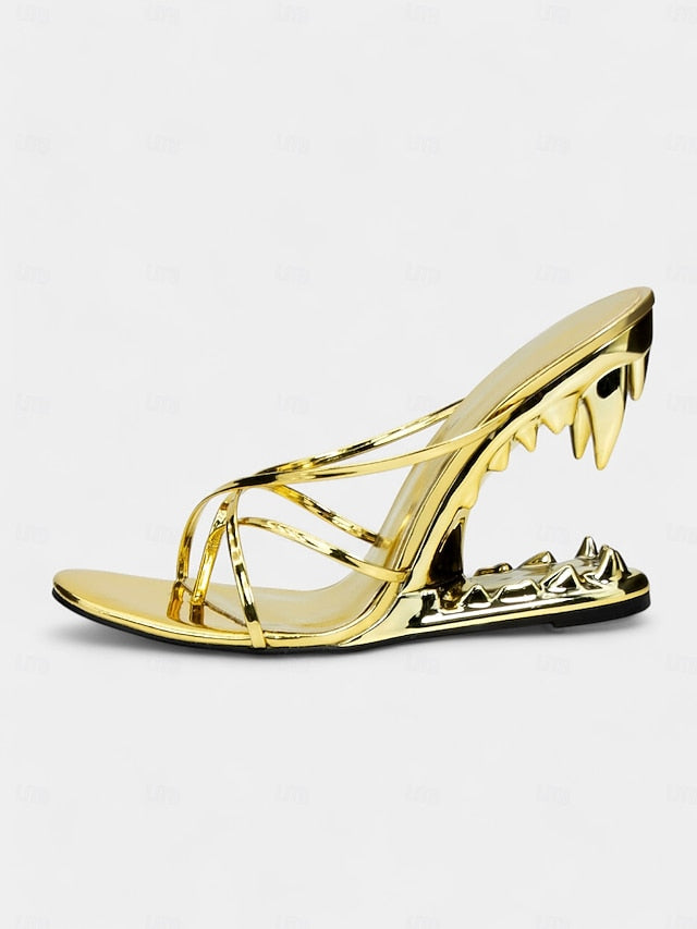 - Metallic Sculpted Design Gold Unique Heel with Sandals Flat
