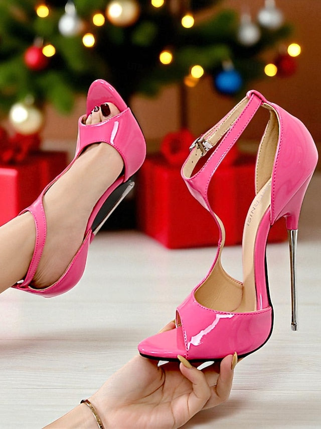 Red Strappy Stiletto Patent Open - Heels Leather Women's