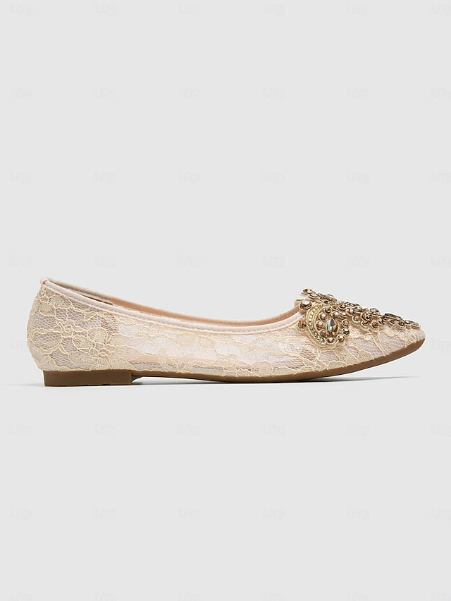 Beige Flats Ornate with Ballet Lace Women's Elegant
