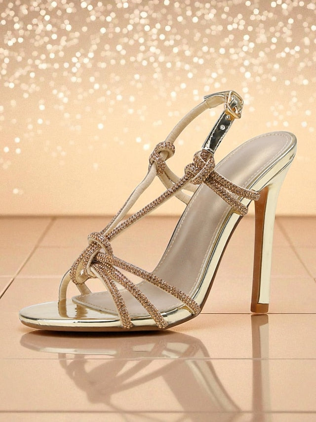 Toe with Heels Rhinestone Women's Stiletto Strappy Square