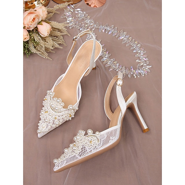 Kitten Slingback Pointed-Toe Pearl-Embellished Heel with White