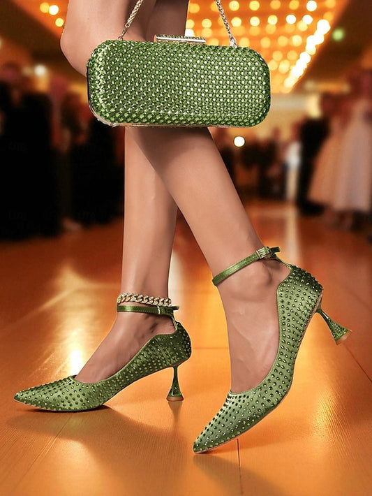 Matching and Clutch Set Women's Heels Bag Green Rhinestone