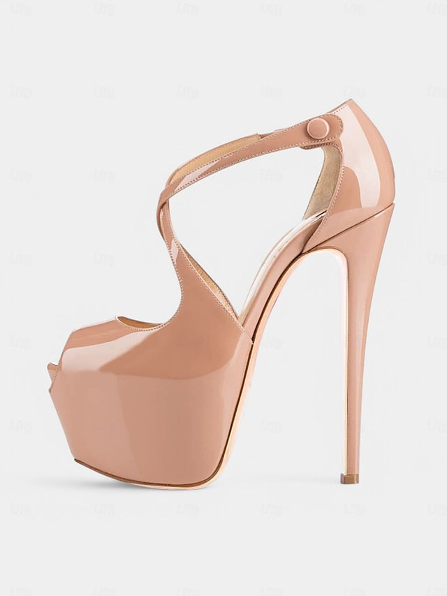 Patent Cross Red Black Stiletto Heels and Platform with Leather