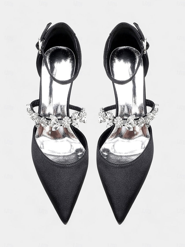 Black - Rhinestone Embellishments with Heels Women's Satin