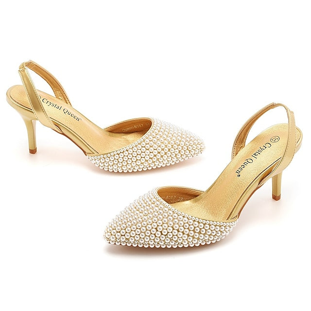 Heels Women's White Pearl Slingback – Embellishments with