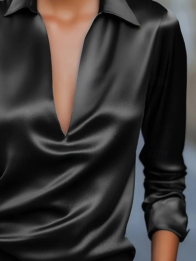 Women's Elegant Dressy Satin Top Work Shirt Patchwork Plain