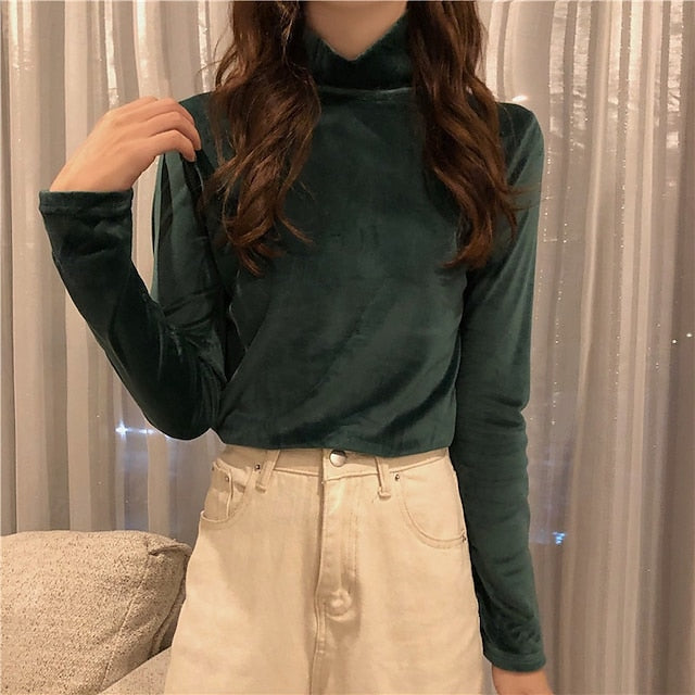Women's Velvet Elegant Dressy Blouse Solid Color Plain