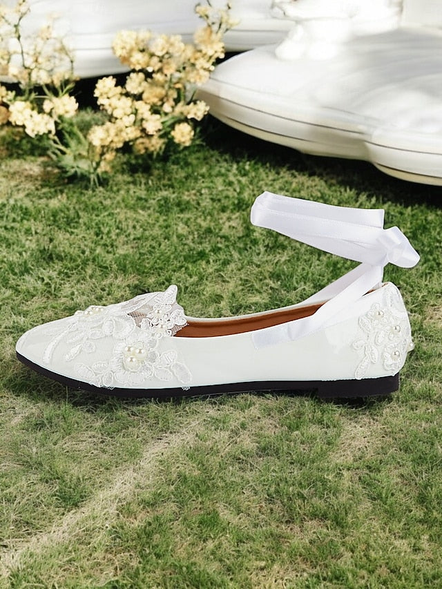 Lace with Wedding Ties Bridal White - Shoes Flats Elegant Ribbon