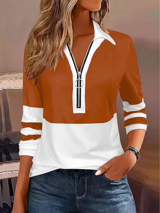 Women's Blouse Zipper Striped Stylish Casual Long Sleeve