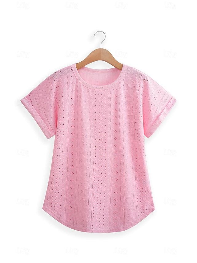 Women's Texture Blouse Eyelet Top Pointelle Tee Tunic