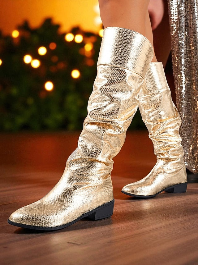 Knee - Women's Boots Gold High Slouch Shiny Party Metallic