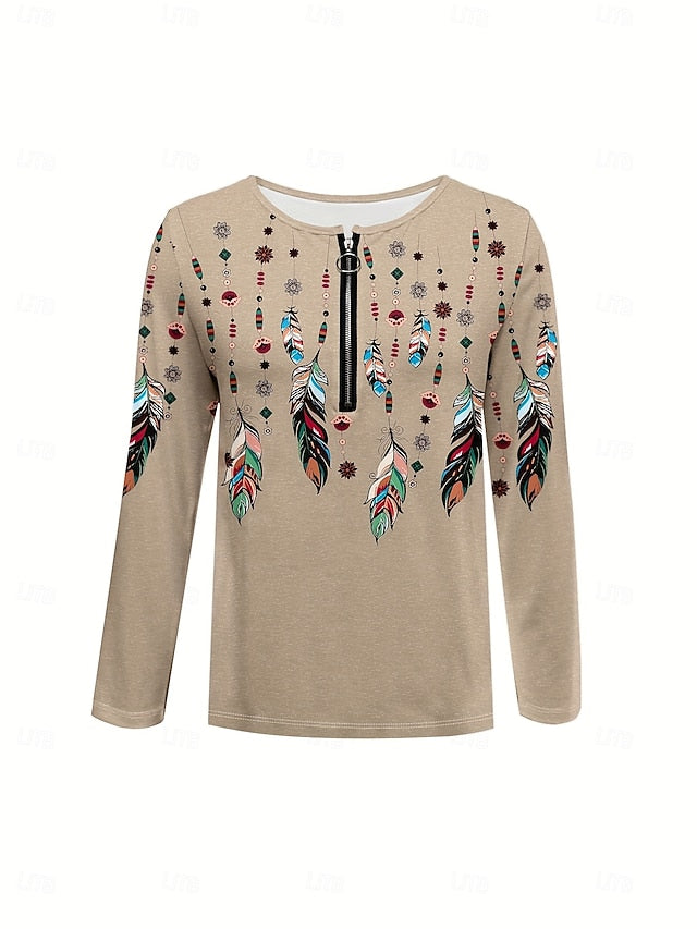 Women's T shirt Long Sleeve Graphic Feather Elegant Vintage
