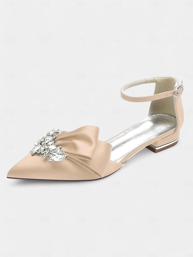 with Pointed-Toe Heels White and Rhinestone Satin Ankle Bow