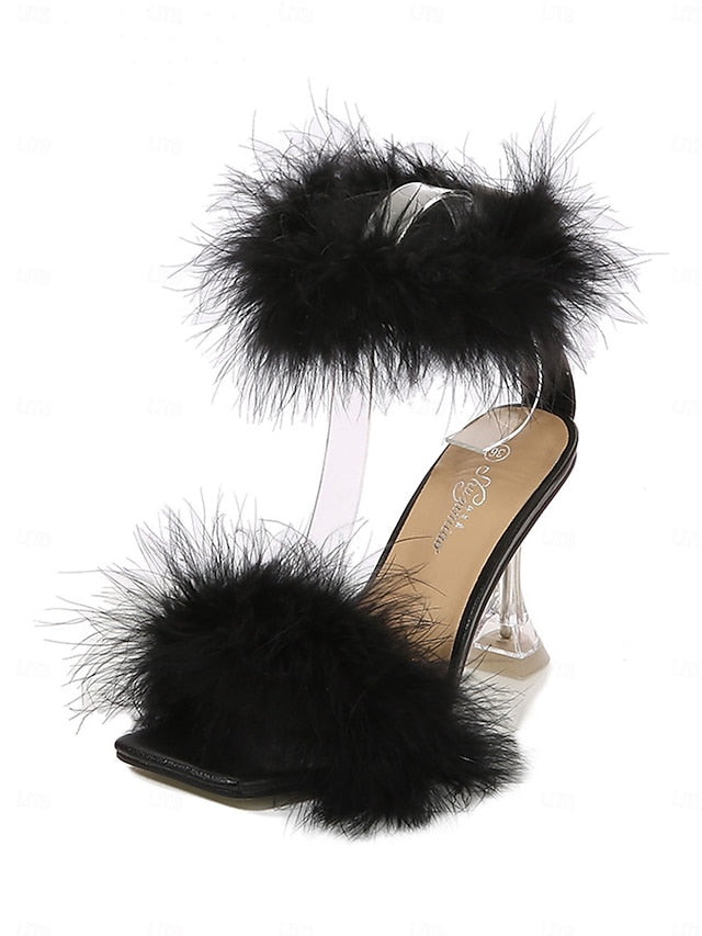 Clear with High Turquoise Feather-Embellished Heel Sandals