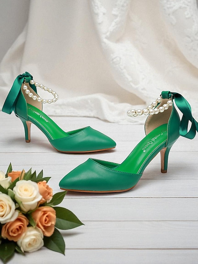 Kitten Pumps with Strap Women's - Pearl Ankle Bow Heel Blue