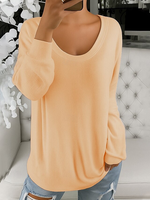Women's T-Shirt Casual Soft Pure Color Ribbed V Neck