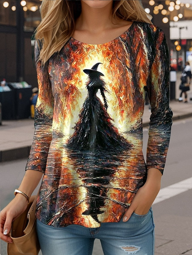 Women's T shirt Witch Long Sleeve Crew Neck Long Sleeve
