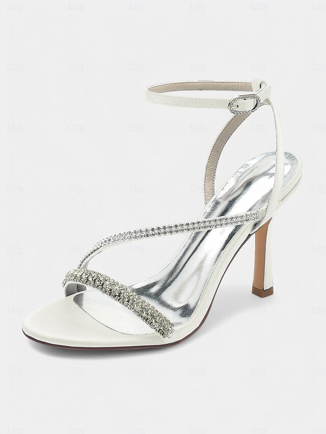 Champagne Sophisticated Strappy Heels Rhinestone Satin –