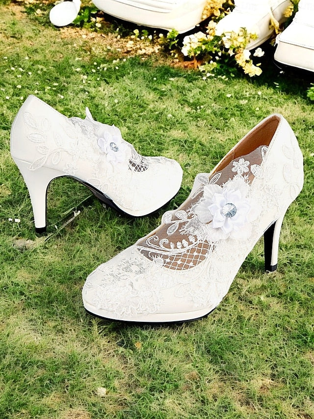 Bridal High Embellishments – with Heel White Shoes Floral Lace