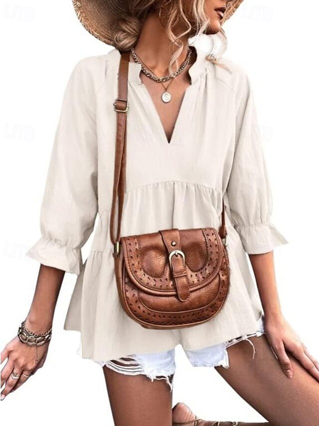 Women's Shirt Blouse Ruched Plain Casual Long Sleeve V Neck