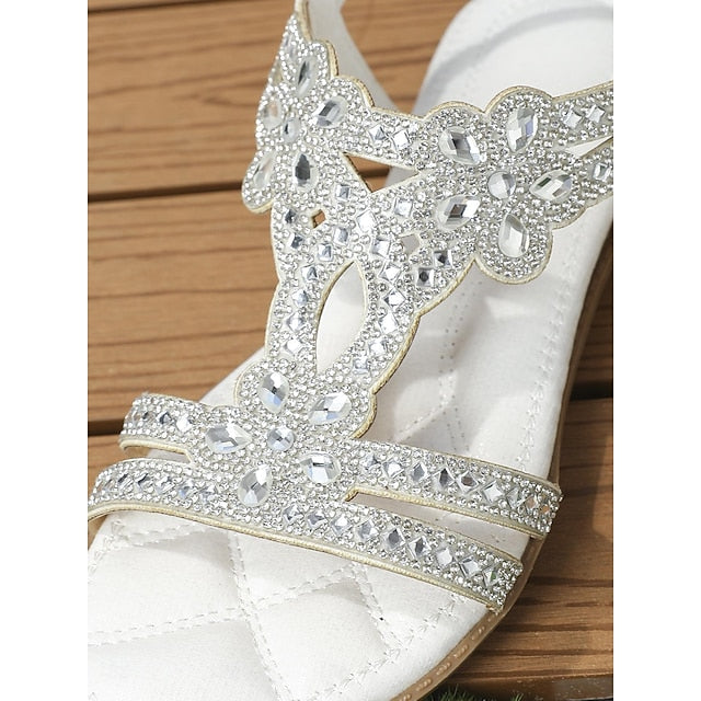– T-Strap Women's Silver Boho Rhinestone Sandals Flat